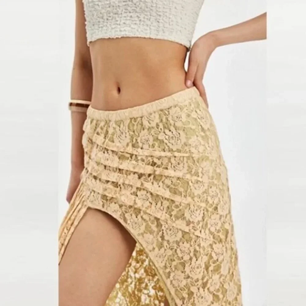 Free People FP One Solene Creme Peach High Low Maxi Skirt Stretch Lace Med NWT - Picture 6 of 14